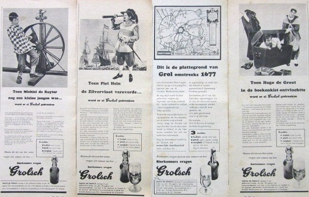 16 vintage advertenties reclames Grolsch bier 1956-58, Ophalen of Verzenden, Gebruikt, Reclamebord