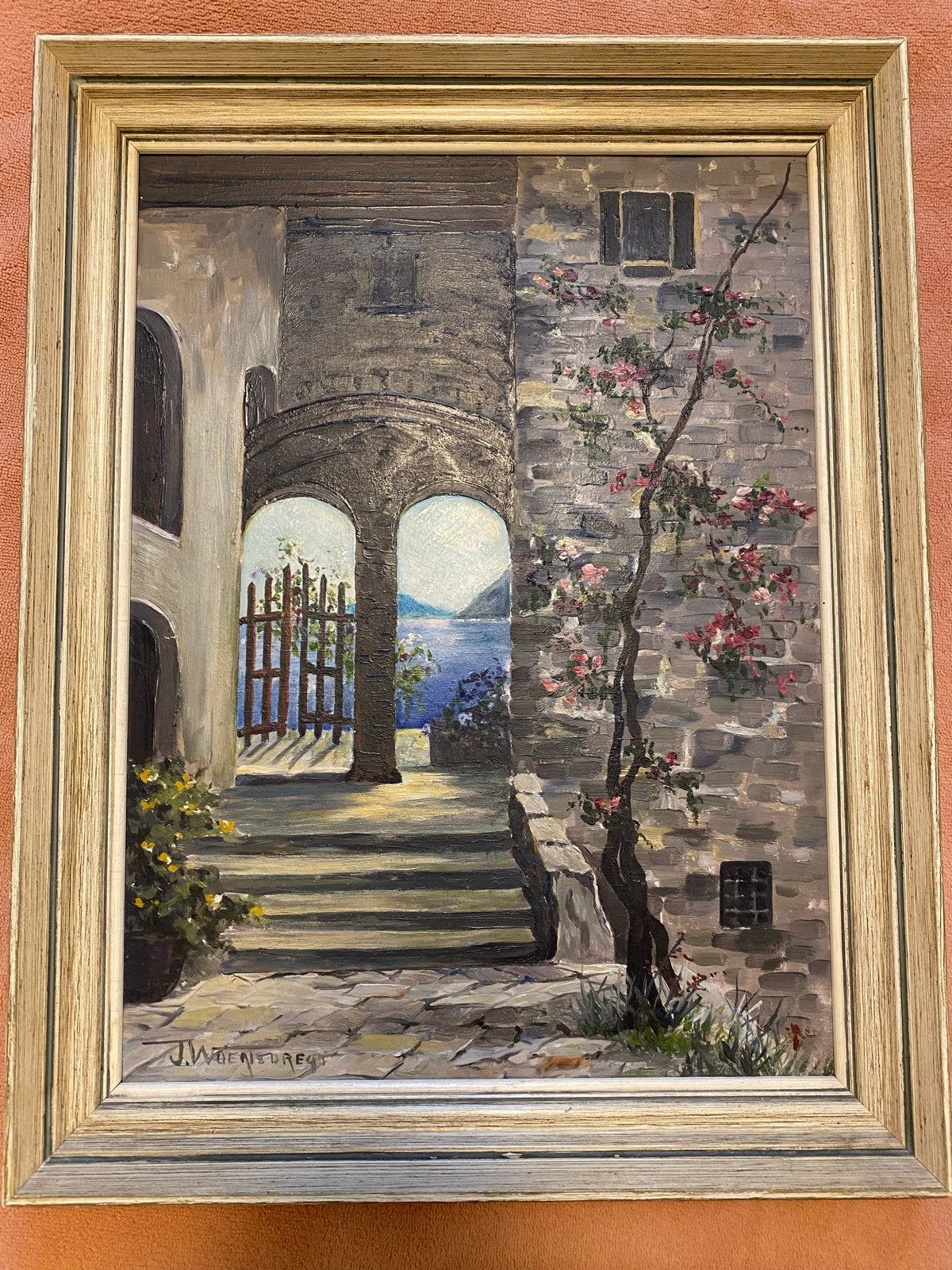 Schilderij J.W. Woensdregt - Mediterrane doorkijk, Doek, Realistisch, Ophalen of Verzenden, Gesigneerd