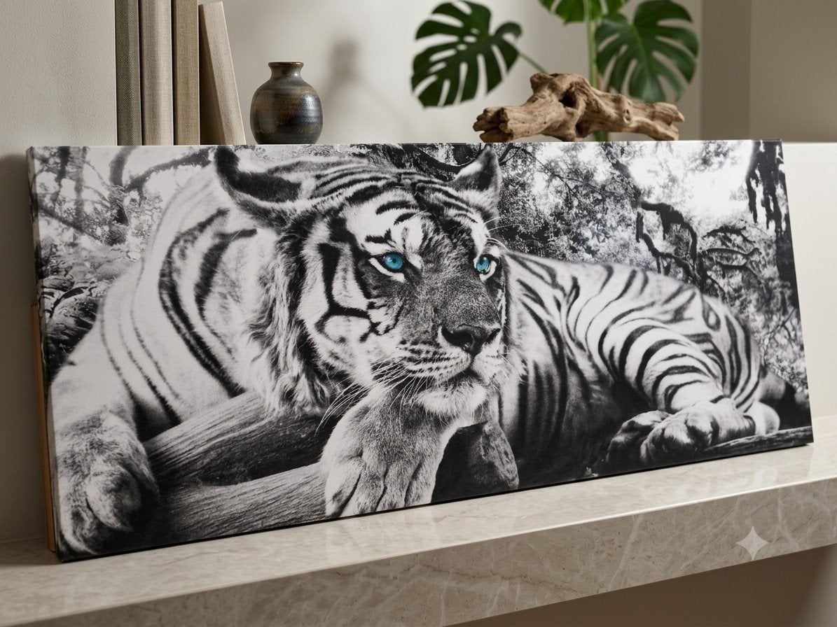 Nieuw aluminium schilderij tijger zwart-wit, Antiek en Kunst, Ophalen, Textiel, Op houten frame, Dieren