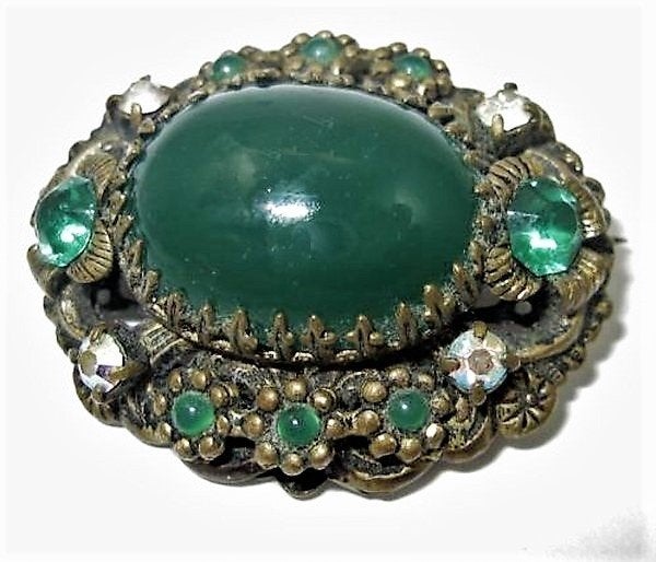 Antieke Tsjechische gelaagde messing broche, groen glas, Ophalen, Overige materialen, Broche