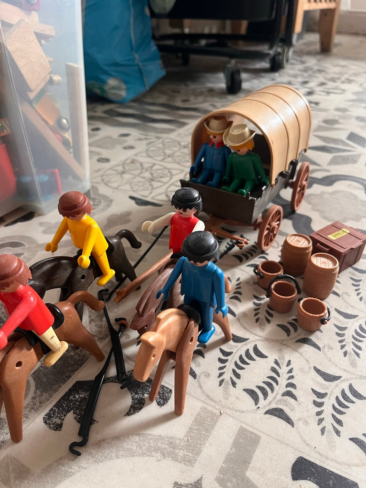 Vintage Playmobil Huifkar met Figuren en Paarden, Gebruikt, Complete set, Voertuig, Historisch