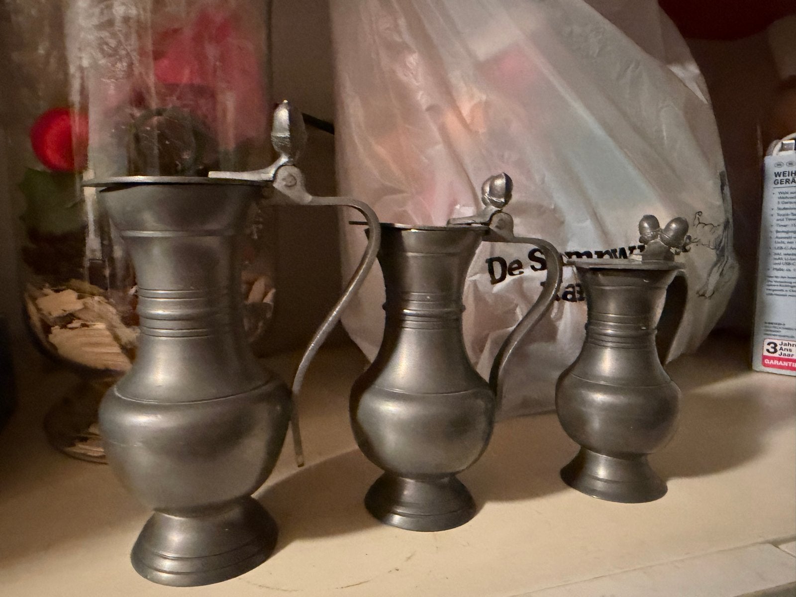 Set van 3 Antieke Tinnen Kannetjes - Decoratief, Ophalen