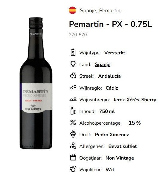 Pemartin PX 0.75 liter fles, Ophalen, Nieuw, Spanje, Overige typen