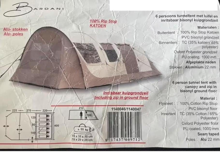 BARDANI 6-persoons tunneltent STEVIG FRAME € 485,-, Gebruikt, ., Ophalen of Verzenden, .
