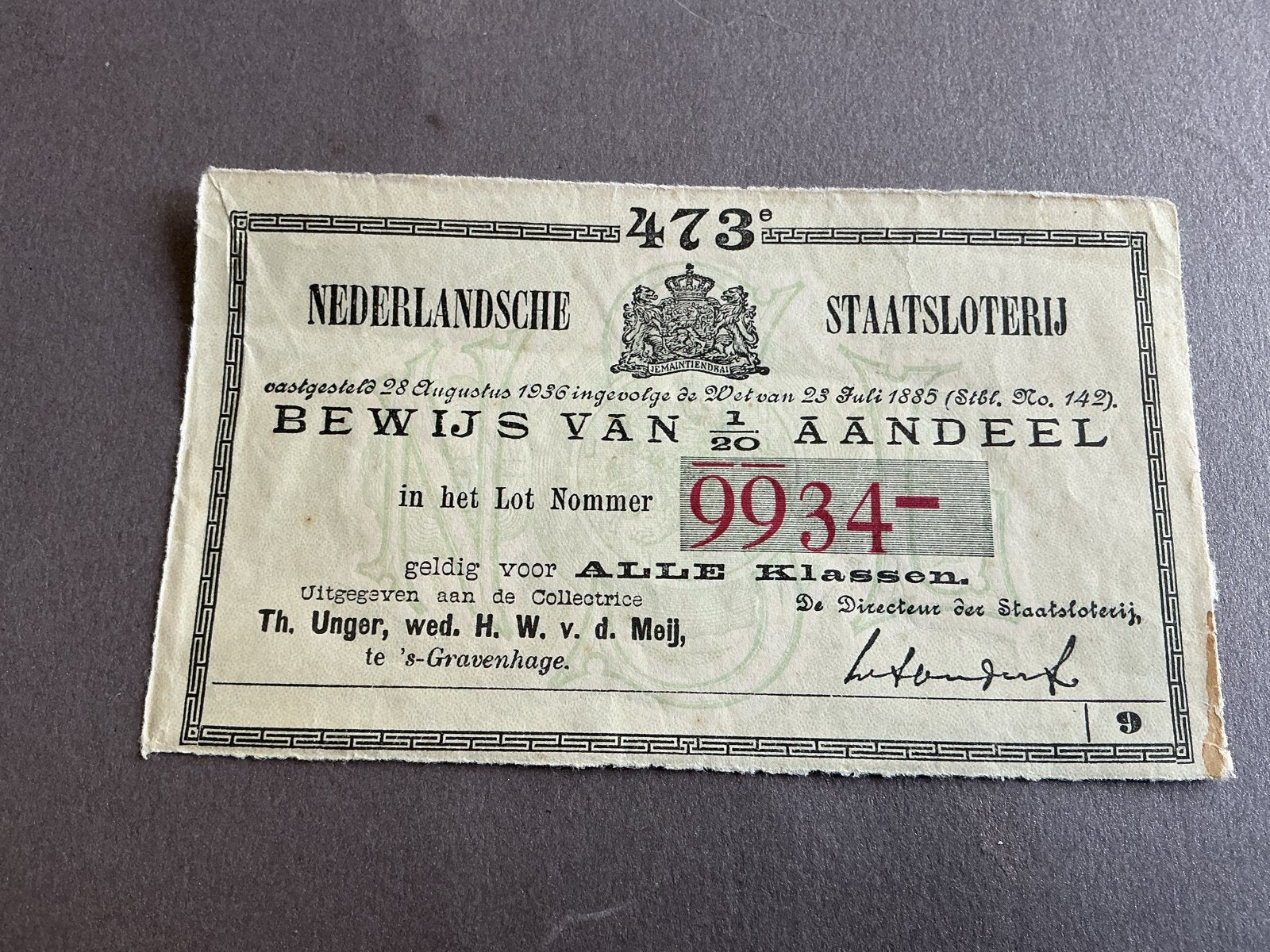 Bewijs van Aandeel Nederlandse Staatsloterij 1936, Verzenden