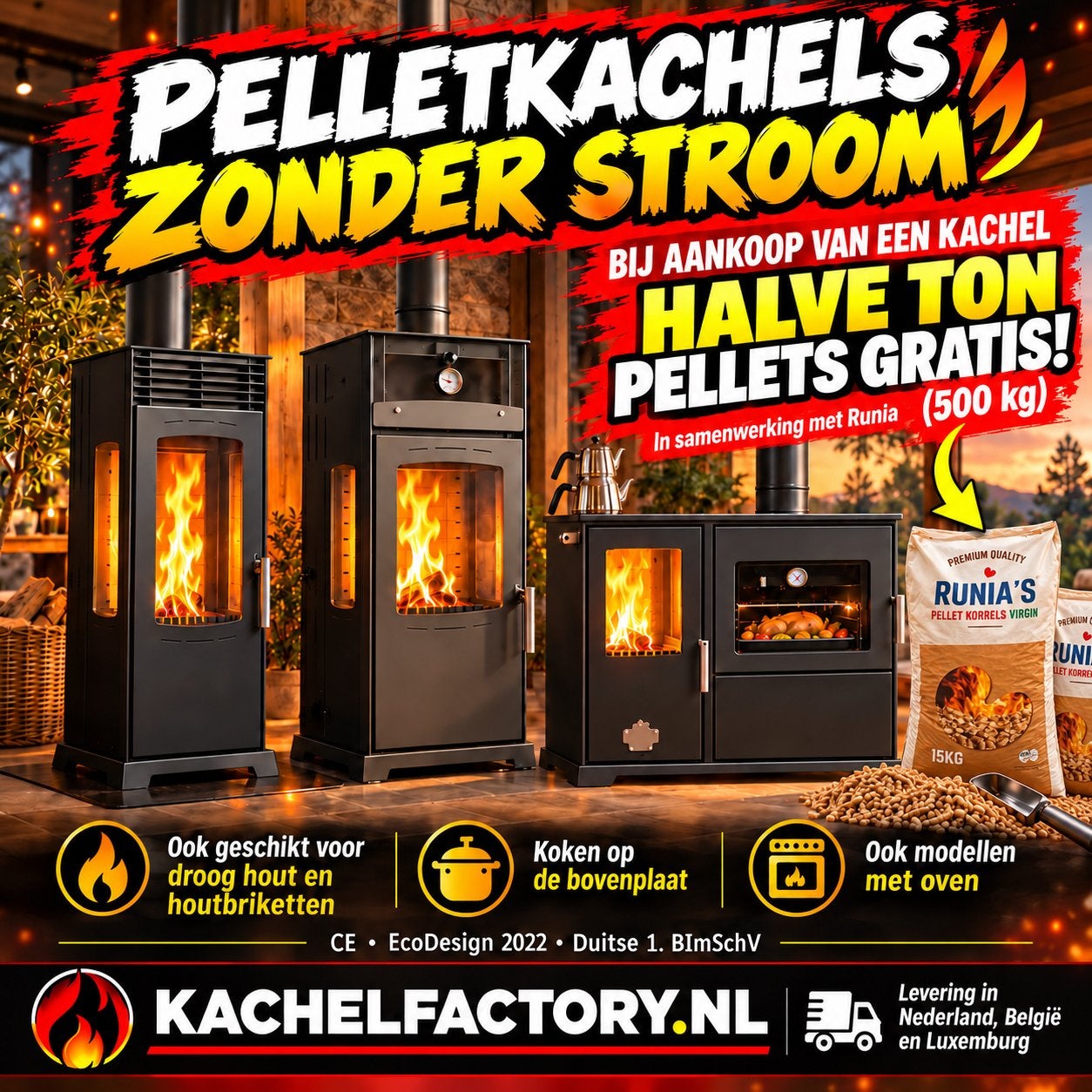 Pelletkachel zonder stroom | Showroomopruiming | OP = OP, Ophalen, Kachel Factory, Zo goed als nieuw, Info@kachelfactory.nl