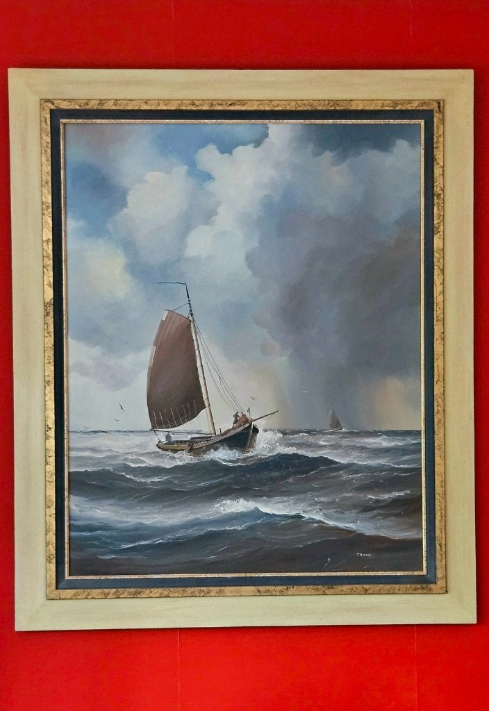 Olieverfschilderij T.Bakker  102x122cm., Ophalen, Maritiem / water, Doek, Olieverf
