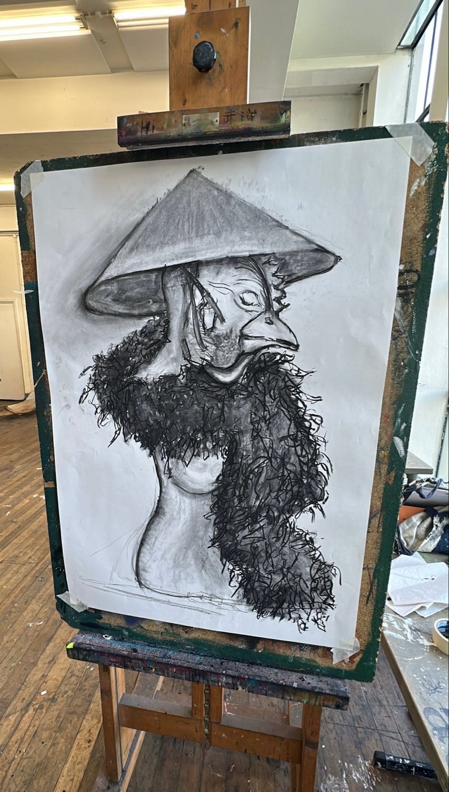 Unieke houtskooltekening: 'De Haan met Hoed'1.00 x 0.72 cm, Antiek en Kunst, Ophalen of Verzenden, Tekening, Houtskooltekening