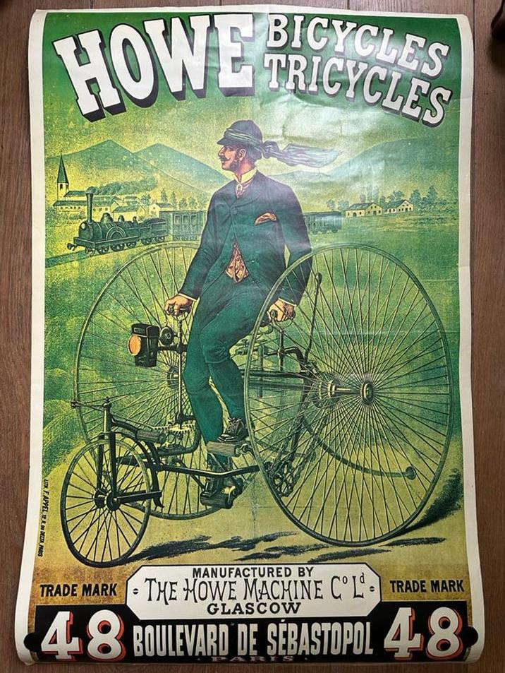 VIntage poster van reclame van driewieler fiets, Verzamelen, Posters, Ophalen of Verzenden, A1 t/m A3, Reclame, Rechthoekig Staand