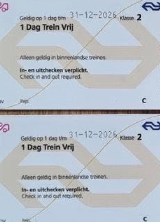 2 NS vrij reizen dagkaarten heel Nederland !OPHALEN!, Twee personen, Trein, Nederland, Algemeen kaartje