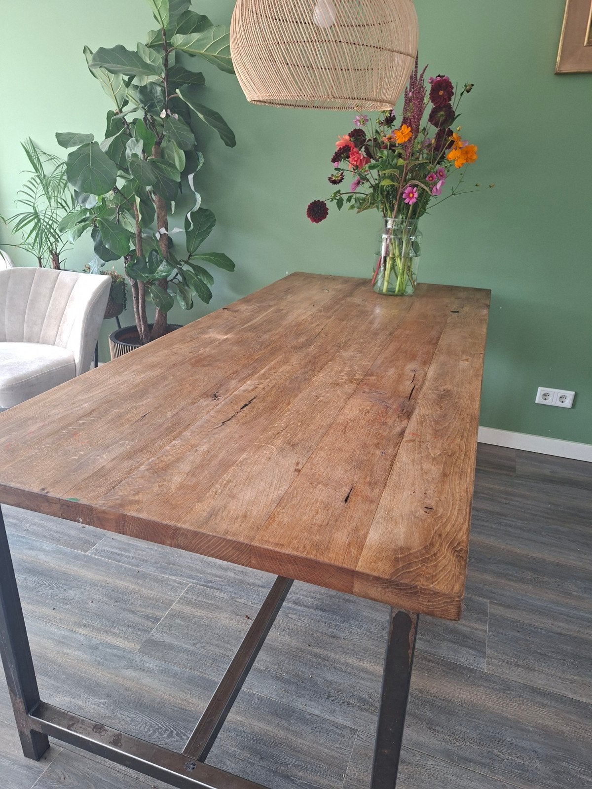 Massief eiken eettafel 90x200 cm, 4 cm dik, demontabel