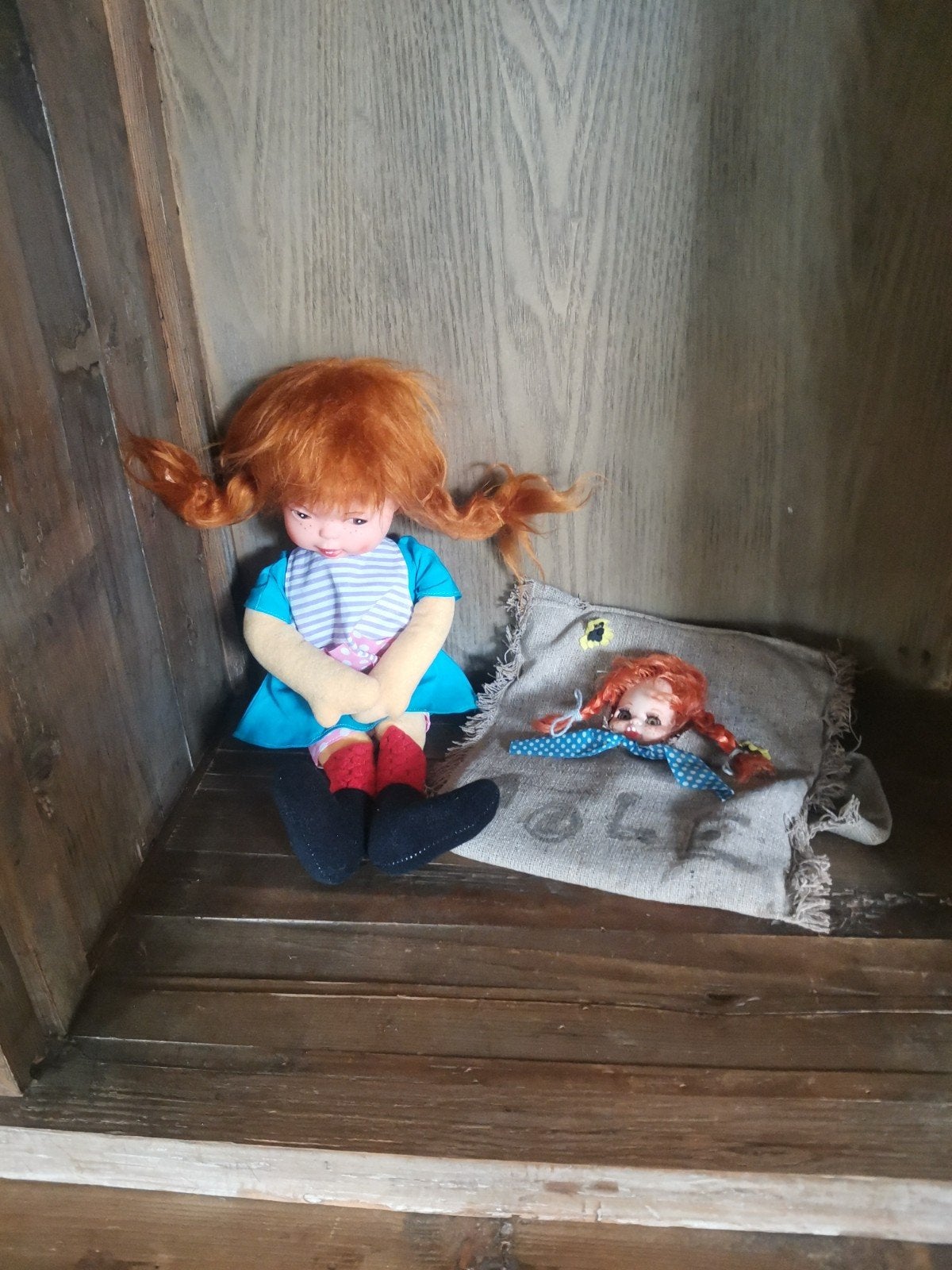 Vintage Pippi Langkous pop met extra hoofdje, Ophalen of Verzenden, Gebruikt, Pop