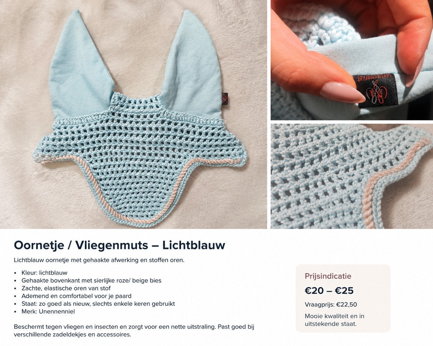 Lichtblauw oornetje / vliegenmuts voor paard, Ophalen of Verzenden, Zo goed als nieuw, Insectenbescherming