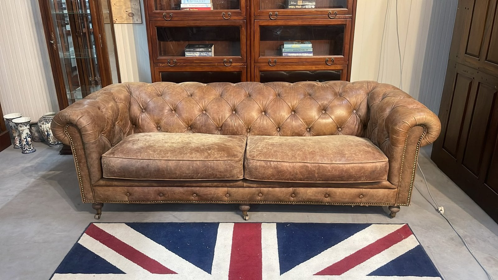 Gave Vintage Chesterfield 3 zit bank bruin leer, Ophalen of Verzenden