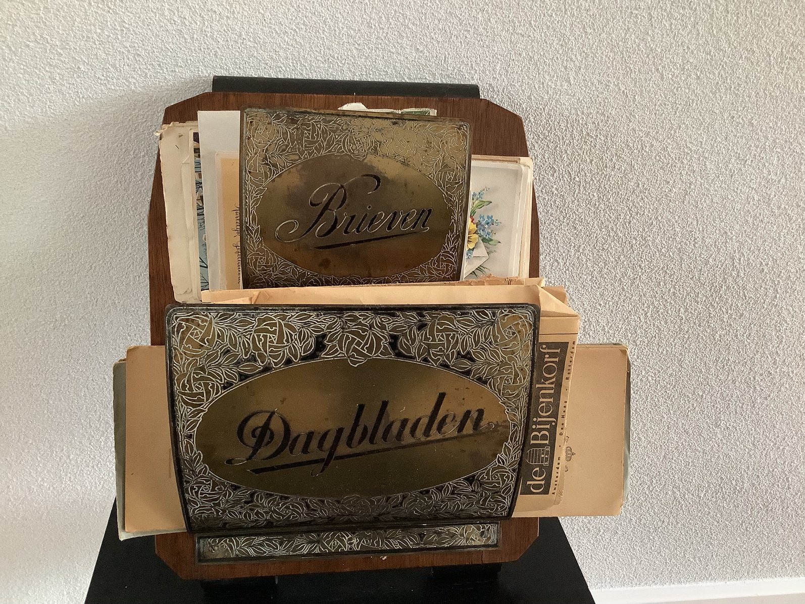 Art Deco dagblad en brievenhouder (hout met koper), Ophalen of Verzenden