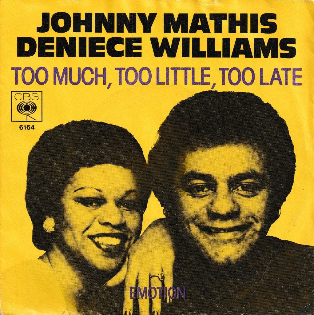Johnny Mathis & Deniece Williams - Too much, too little, ..., Ophalen of Verzenden, Gebruikt, 7 inch, Pop
