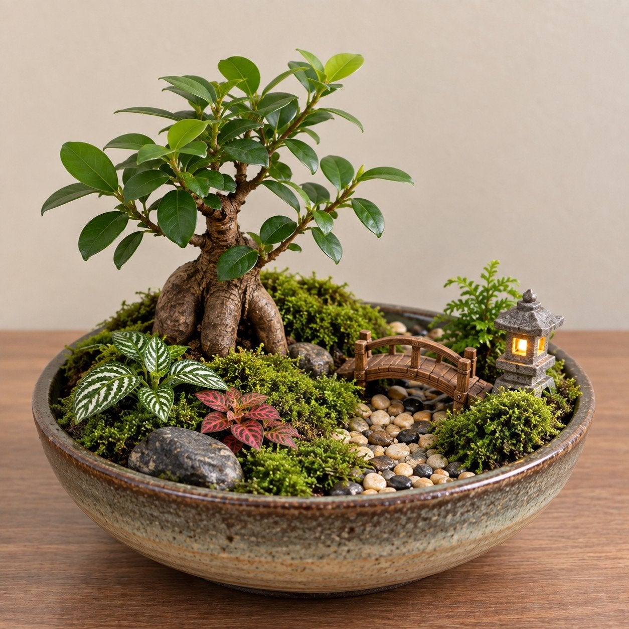 Levende Mini Wereld – Bonsai & Mos Tuin (28x23cm), Ophalen, Groen, Nieuw, Oosters