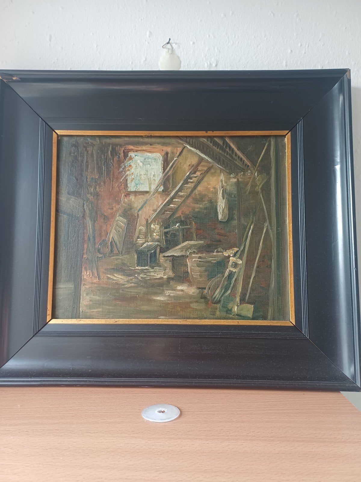 Oud schilderij van een interieur met trap, Ophalen of Verzenden