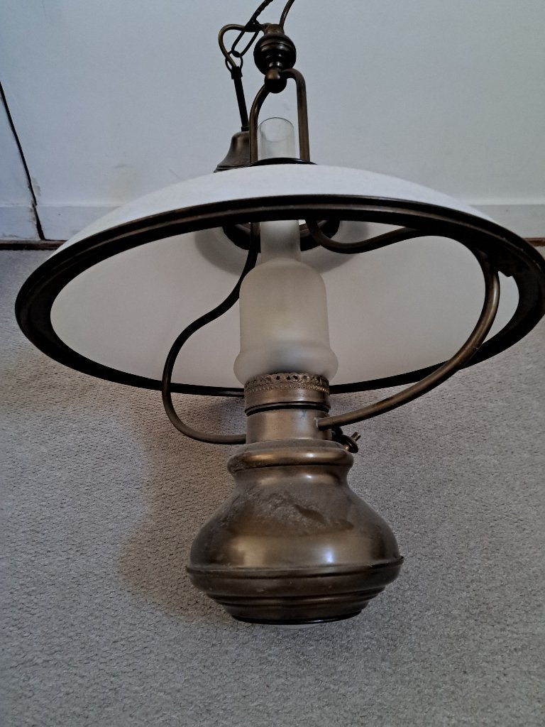 vintage hanglamp (petroleumlook) met opaalglas, Ophalen, Vintage petroleum stijl, E27 (groot), Zo goed als nieuw