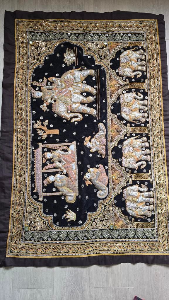 Vintage Indiase Wandtapijt met Olifanten en Figuren, Antiek en Kunst, Ophalen of Verzenden
