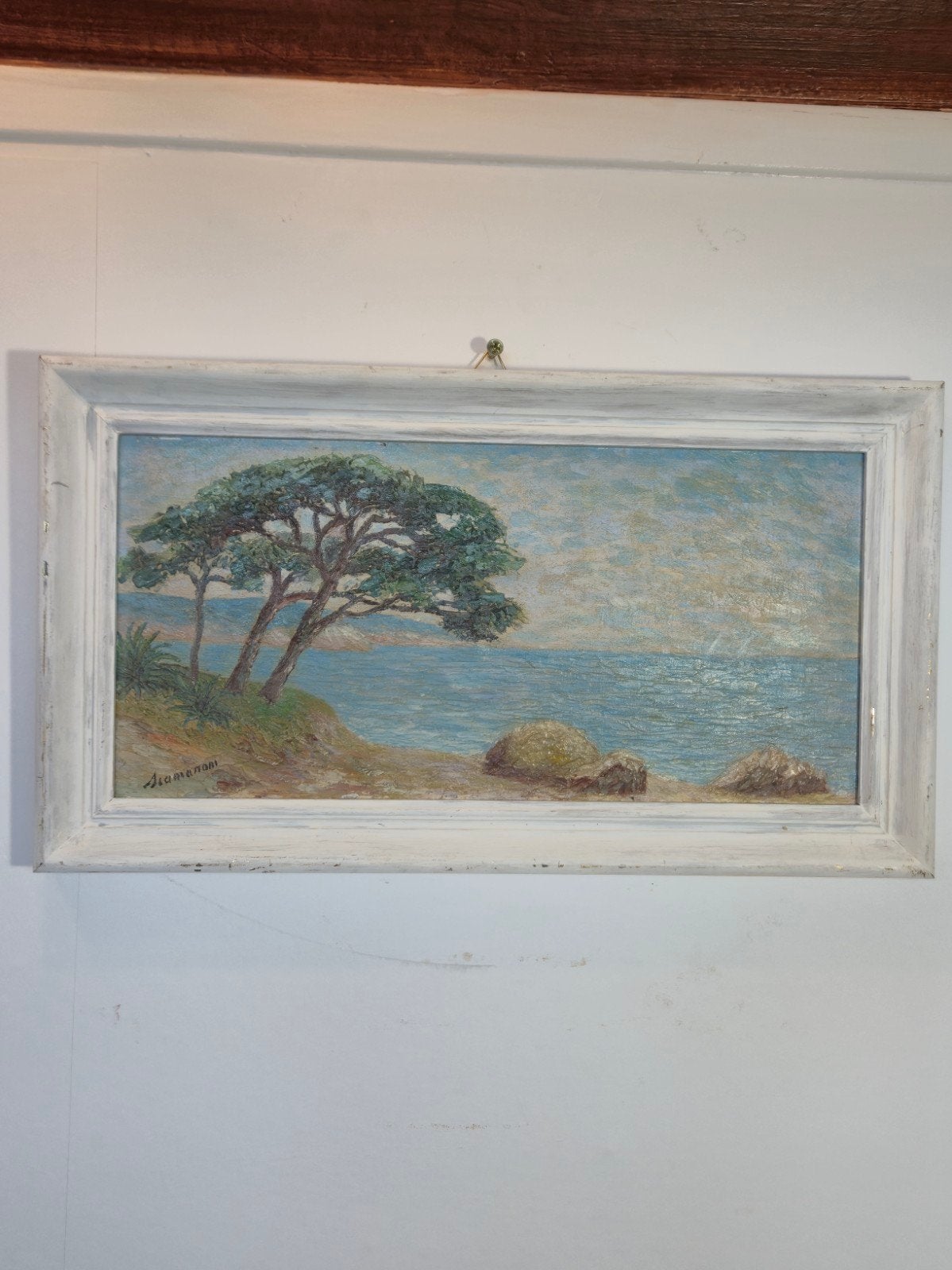 Schilderij: Mediterrane Kustlijn met Bomen, Ophalen of Verzenden