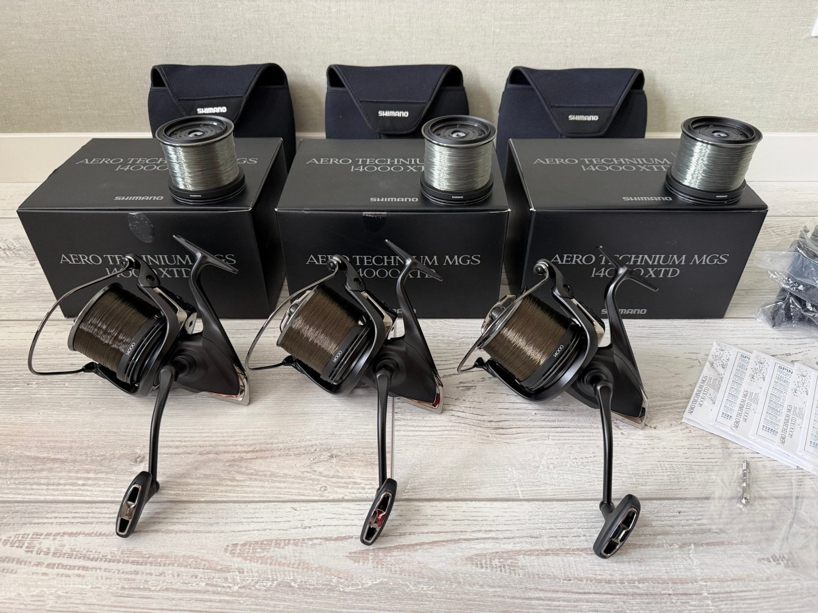 3 x Shimano Aero Technium Mgs XTD incl spoelen NIEUWSTAAT!, Watersport en Boten, Hengelsport | Karpervissen, Ophalen of Verzenden