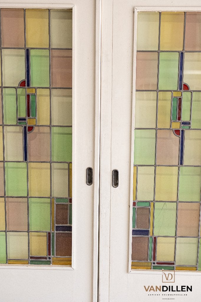 Fraaie oude ensuite vouwdeuren gekleurd glas in lood motief, 120 cm of meer, Binnendeur, Minder dan 200 cm, Ophalen of Verzenden