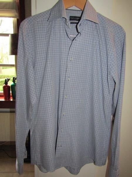 F322 STANLEY & MORGAN mt 41 overhemd blauw wit ruitje, Kleding | Heren, Zo goed als nieuw, Halswijdte 41/42 (L), Stanley & Morgan