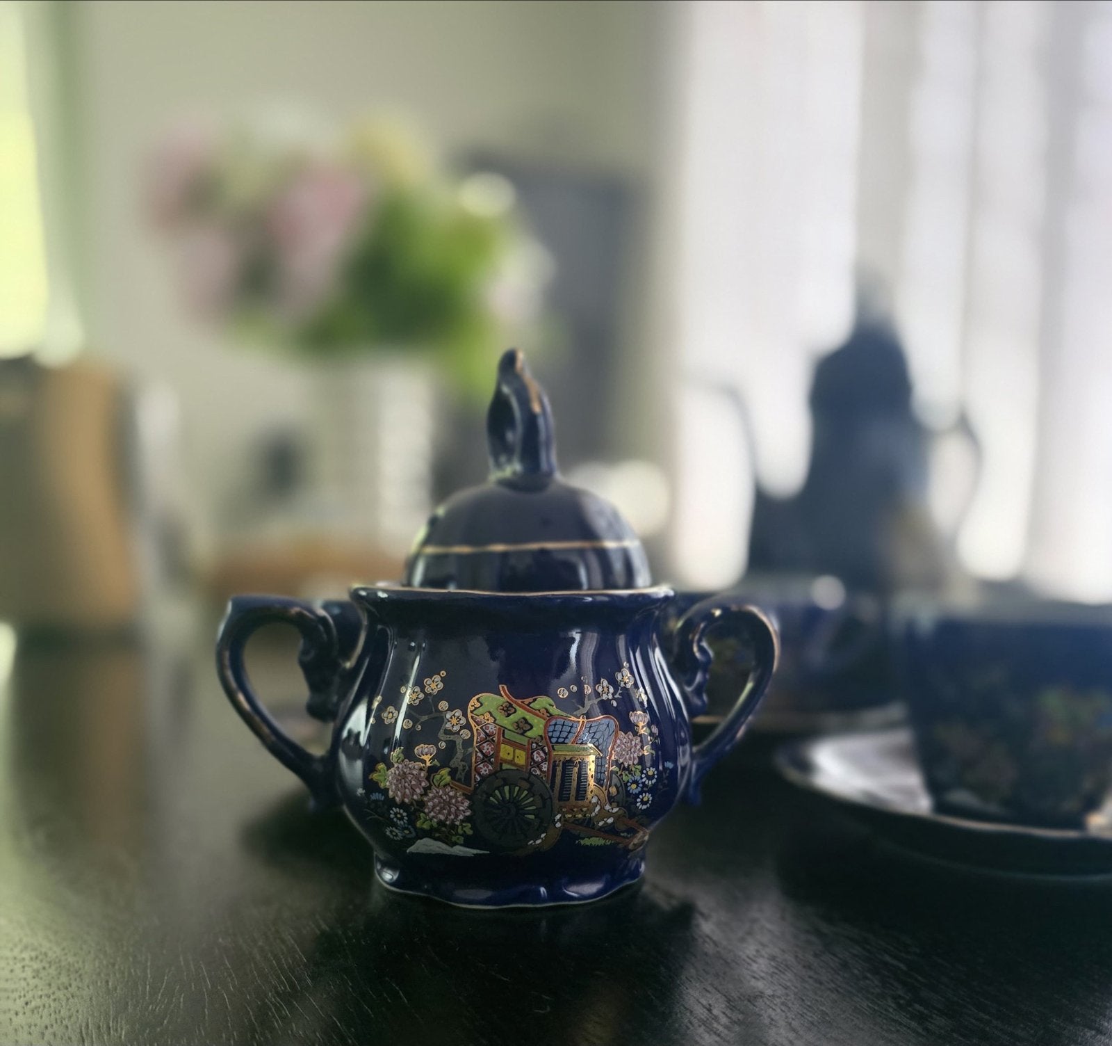 Vintage Japans theeservies - Kobaltblauw met goud, Ophalen