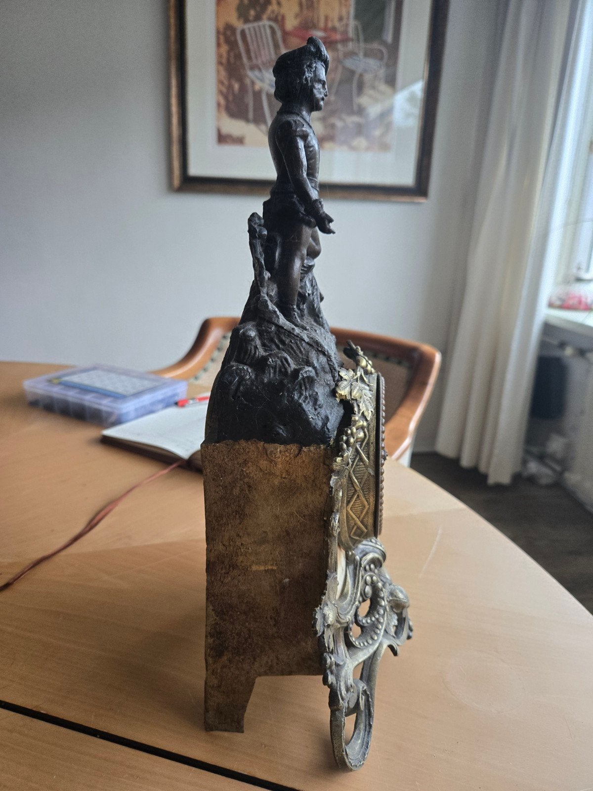 Antieke bronzen pendule met figuur, Ophalen of Verzenden