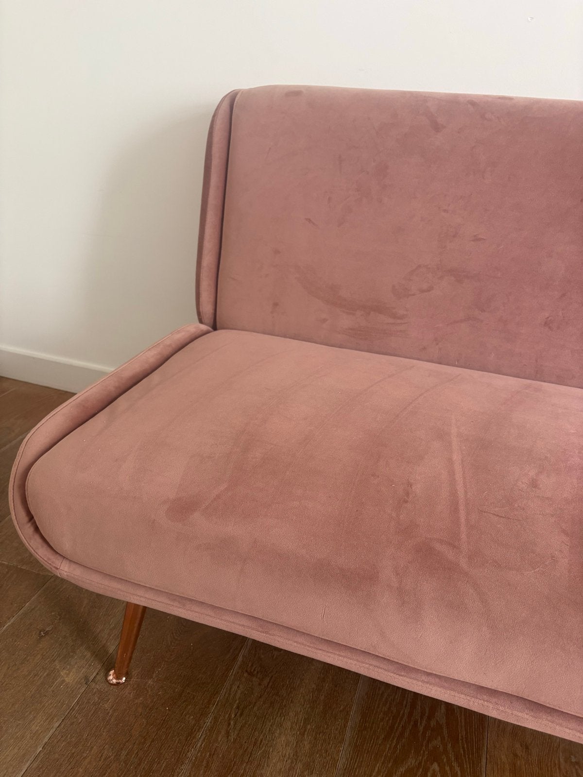 Roze fluwelen slaapbank - zo goed als nieuw, Ophalen, 150 tot 200 cm, Tweepersoons, 75 tot 100 cm