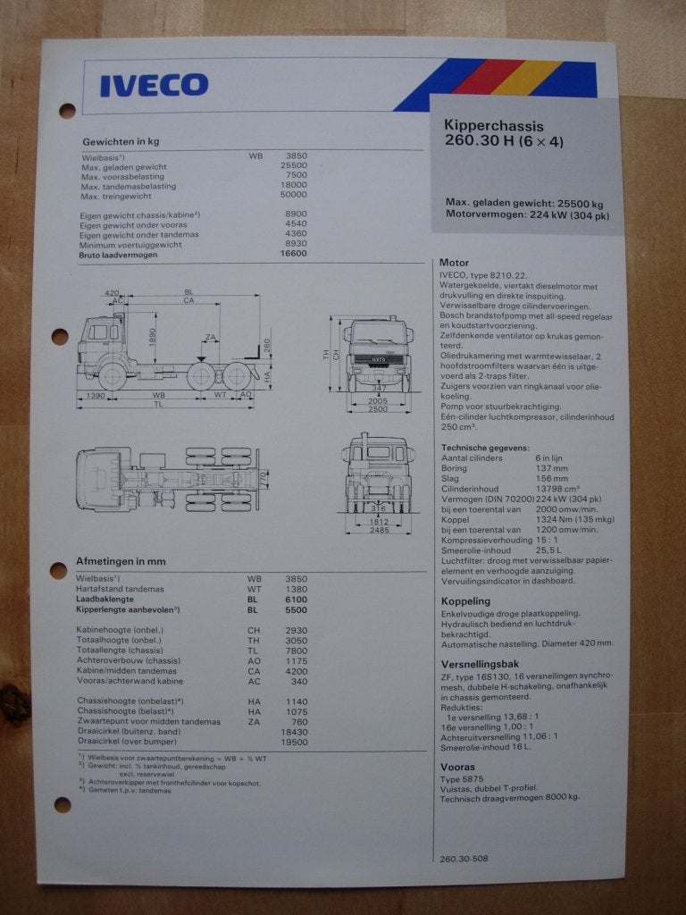 Iveco 260.30 H 6x4 Technische Specificatie Brochure 1985, Iveco, Ophalen of Verzenden, Zo goed als nieuw, Overige merken