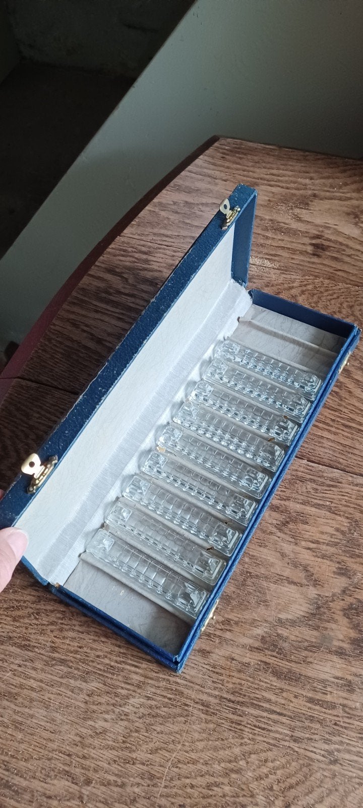 9 stuks vintage glazen messenleggers in doosje, Antiek en Kunst, Antiek | Glas en Kristal, Ophalen of Verzenden
