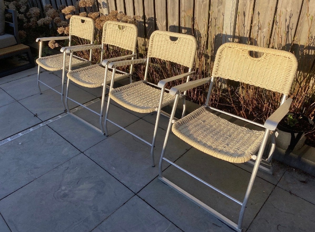 4 vintage Hilbrand Tossa Wicker Italiaanse Klapstoelen, Ophalen, Gebruikt, Overige kleuren, Riet of Rotan