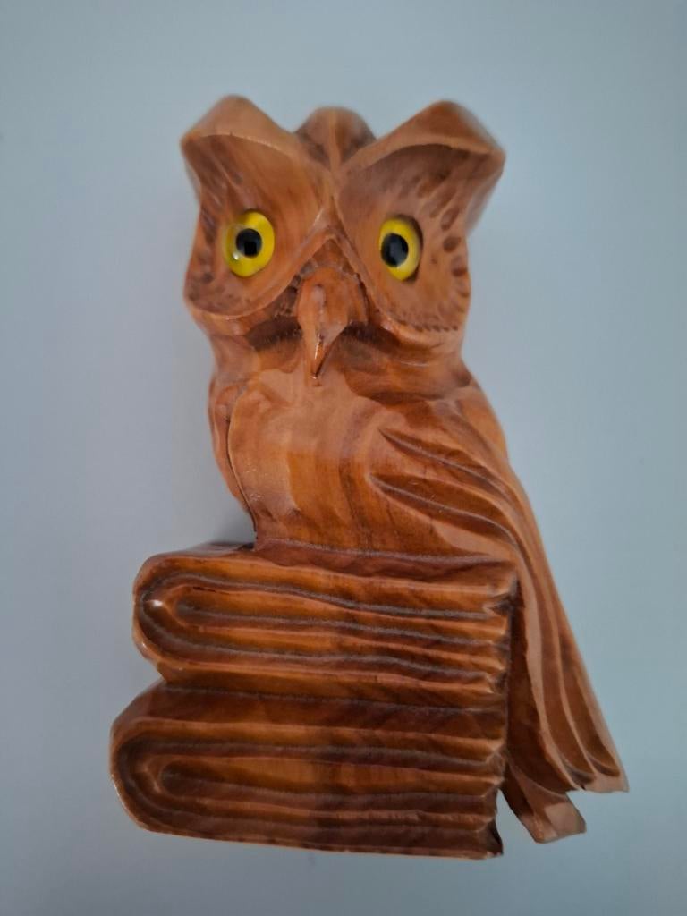 Houten uil op boeken - Handgesneden decoratie, Antiek en Kunst, Minder dan 20 cm, Ophalen of Verzenden, Handgemaakt, Beeld