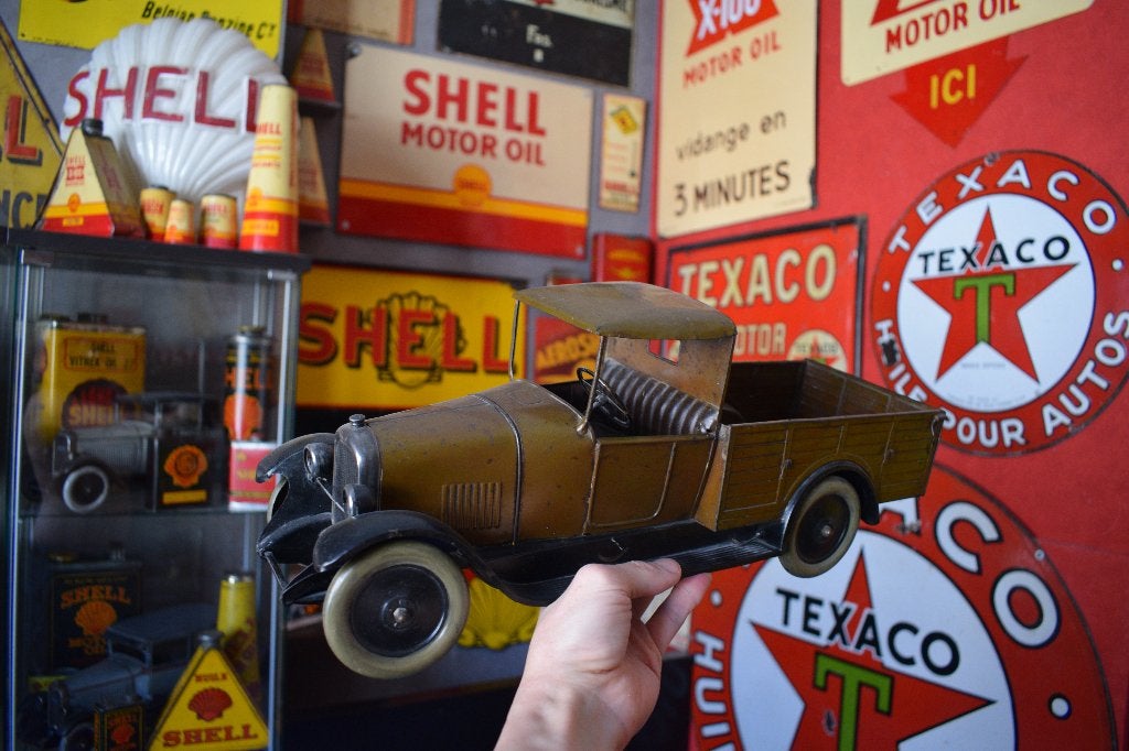 Ruilen antiek speelgoed Citroen 1928 emaillebord olie blik, Ophalen, Gebruikt, Reclamebord