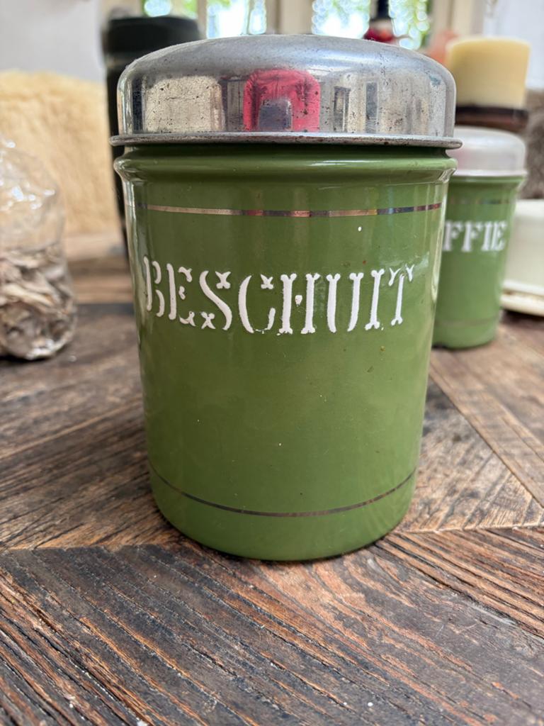 Oude emaille beschuitbus - Gaaf groen, Antiek en Kunst, Ophalen of Verzenden