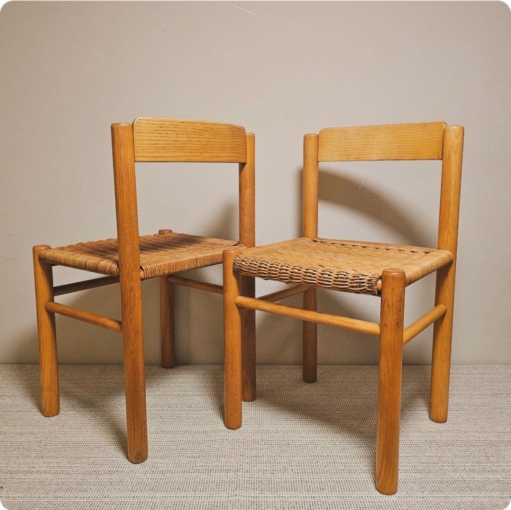 Set vintage Stoelen jaren 70 - Stevig, hout en riet, Bruin, Zo goed als nieuw, X, Twee