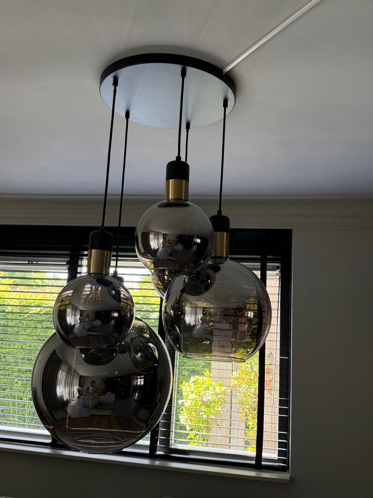 Moderne hanglamp met 5 bollen en LED verlichting, Ophalen, Zo goed als nieuw, Glas, 75 cm of meer