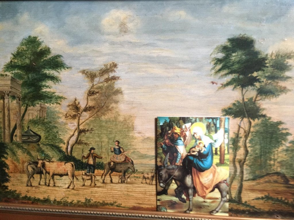 Schilderij 18e eeuw: Vlucht naar Egypte (Maria en Jozef), Paneel, Handgeschilderd, Portret of Personen, Ophalen of Verzenden