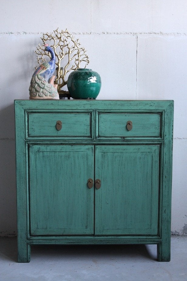 Uniek Kastje Azuurblauw Boho Kast Landelijk Chinees Dressoir, 1 of 2 laden, Uniek Kleurrijk Werelds Landelijk Vintage Boho Stoer Oosters