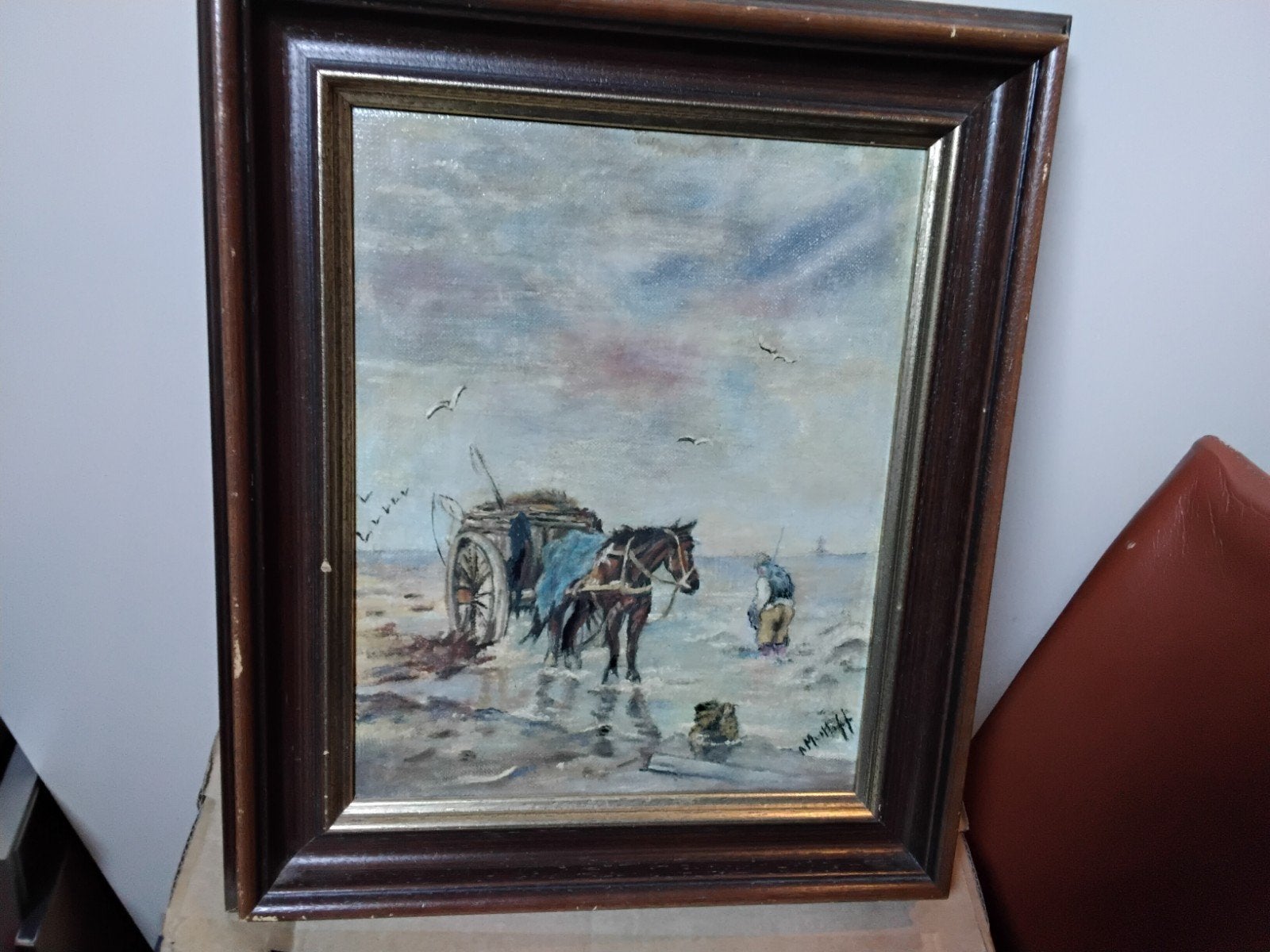 Schelpenkar met schelpenvisser op het strand., Ophalen of Verzenden