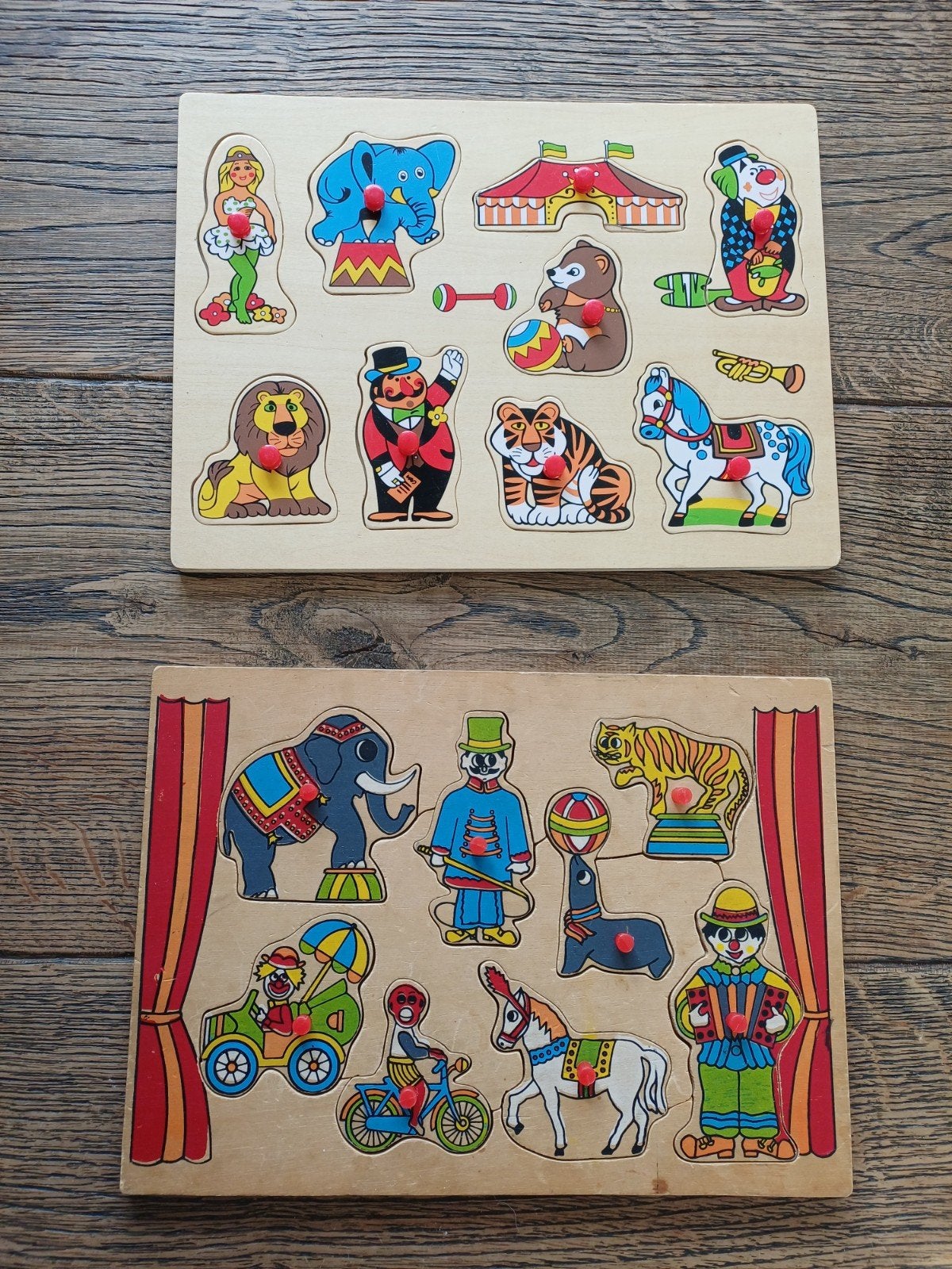 2 Houten Circus Puzzels voor Kinderen, 2 tot 4 jaar, Gebruikt, Ophalen of Verzenden, Van hout