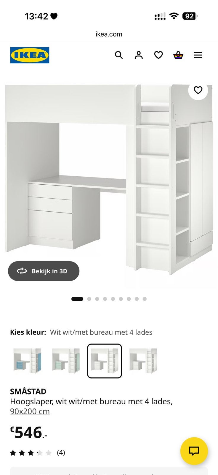 IKEA SMÅSTAD hoogslaper, Ophalen, 90 cm, Eenpersoons, Wit