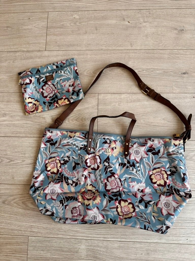 Ralph Lauren weekendtas met toilettas blauw bloemen, Sieraden, Tassen en Uiterlijk, 40 tot 60 cm, 30 cm of meer, Gebruikt, Minder dan 35 cm