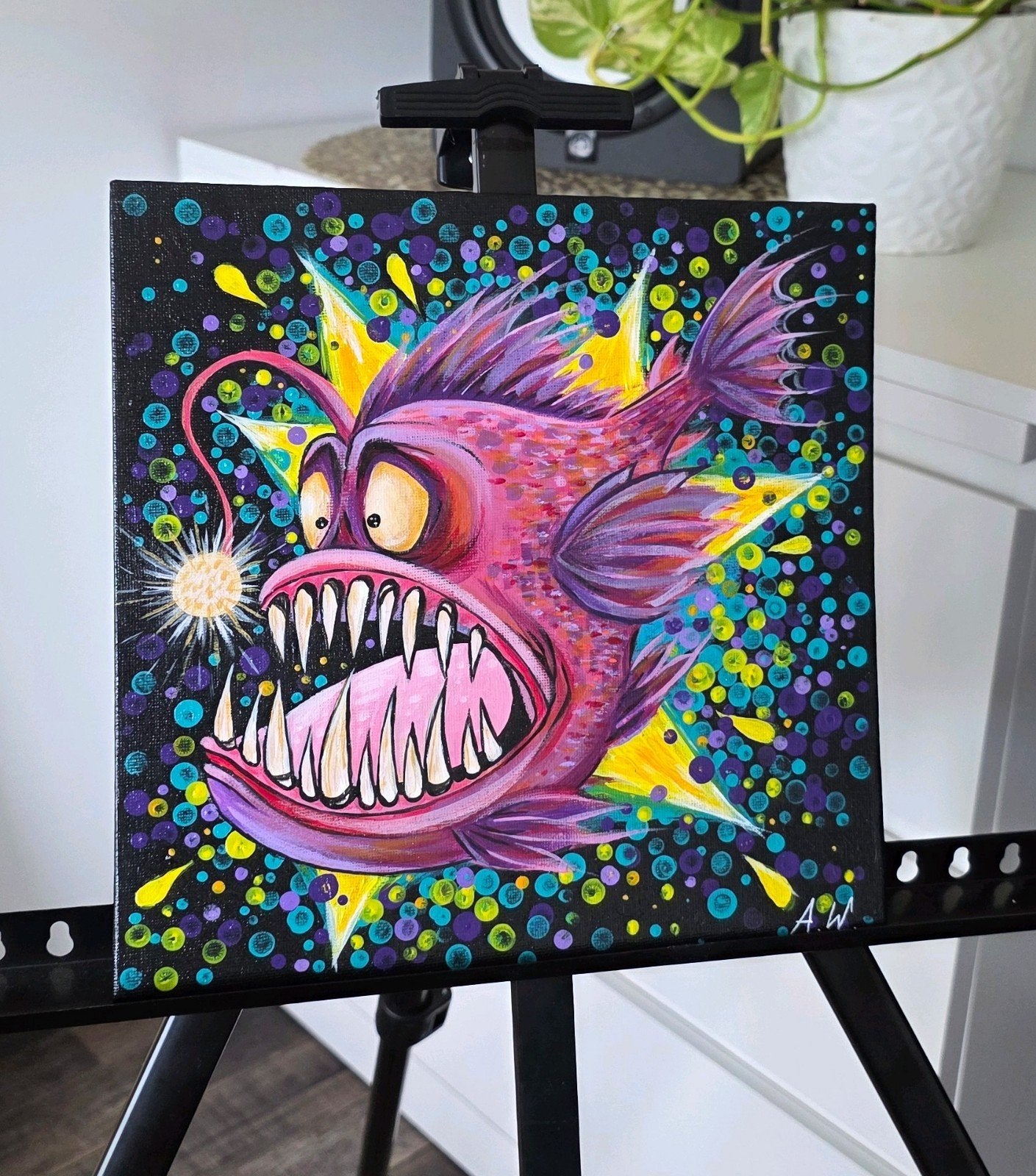 Handgeschilderd schilderij – Kleurrijke diepzeevis – 25x25 c, Antiek en Kunst, Kunst | Schilderijen | Modern, Ophalen, Acrylverf