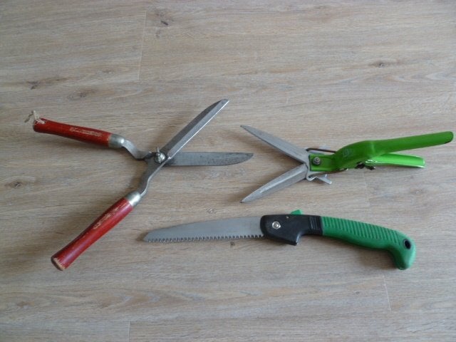 Heggenschaar, graskantenschaar en opvouwbare takkenzaag., Tuin en Terras, Hand-tuingereedschap, Ophalen of Verzenden, Gebruikt