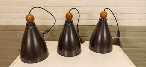 Set van 3 vintage metalen hanglampen, Tweedehands, Tweedehands, Ophalen of Verzenden, Hout
