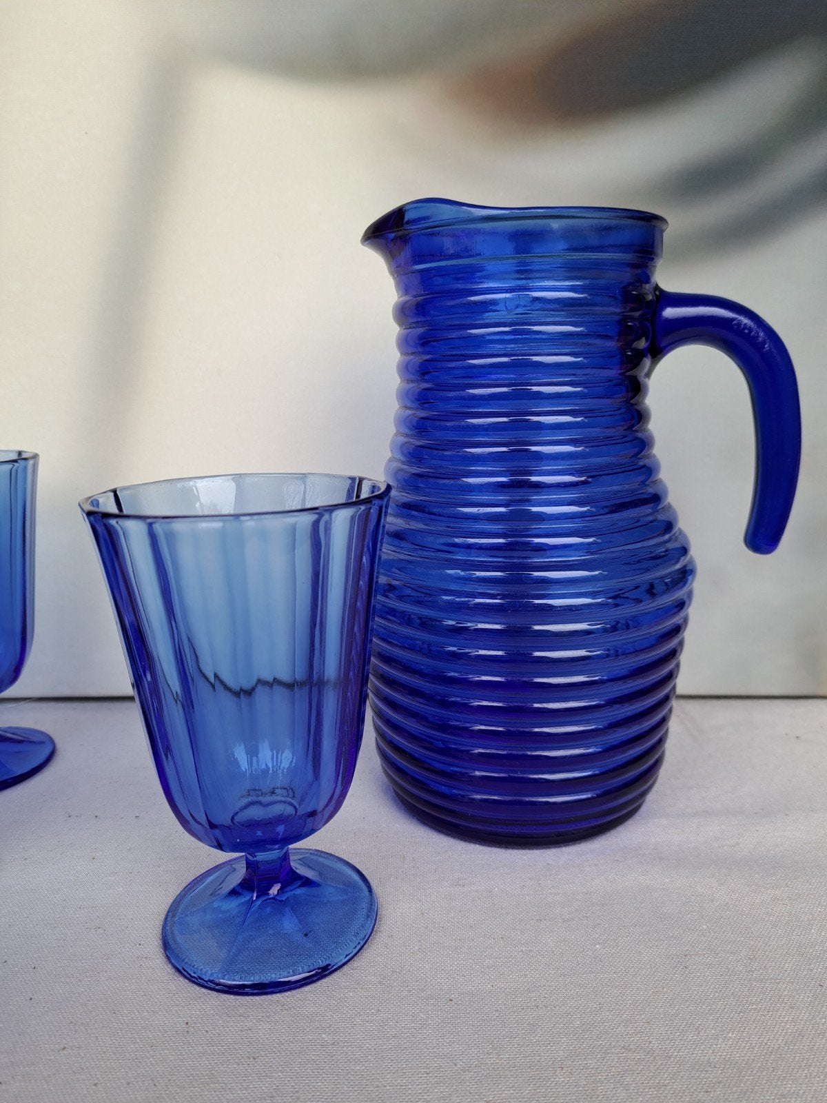 Vintage kobaltblauwe kan en 6 glazen, blauwe glazen bekers, Ophalen of Verzenden, Zo goed als nieuw, Blauw, Glas