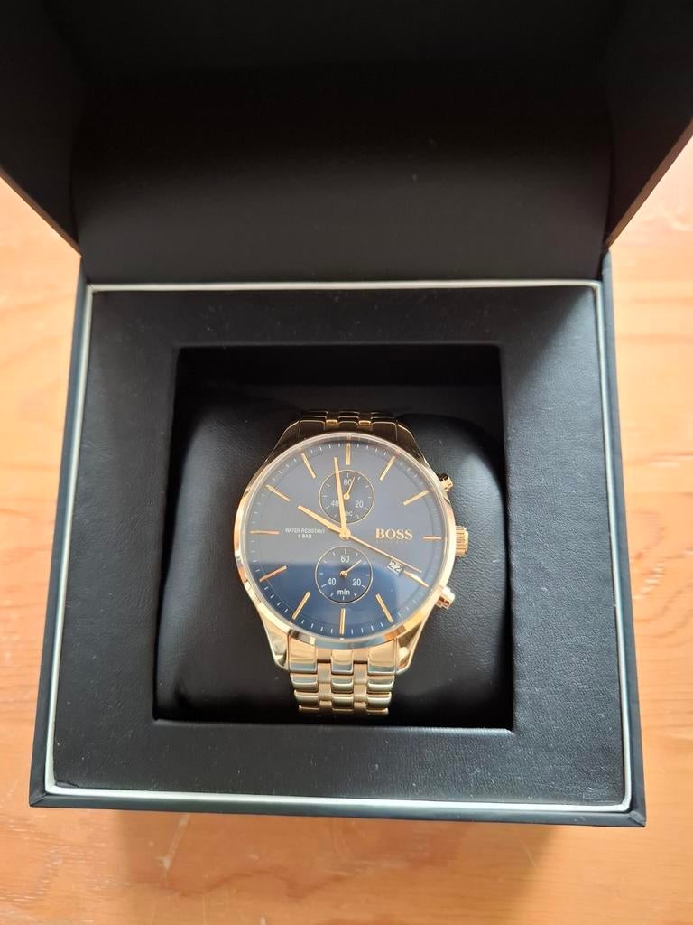 BOSS Herenhorloge Goudkleurig met Blauwe Wijzerplaat, Ophalen of Verzenden